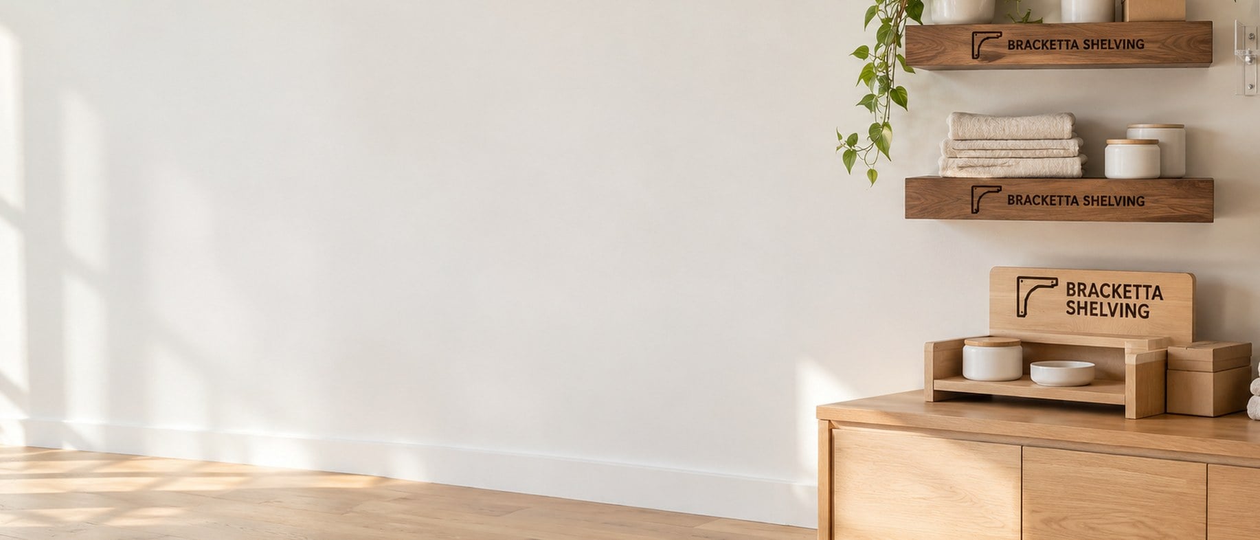Custom walnut floating shelves, an acrylic display shelf and a metal wall shelf with a countertop riser on a white wall